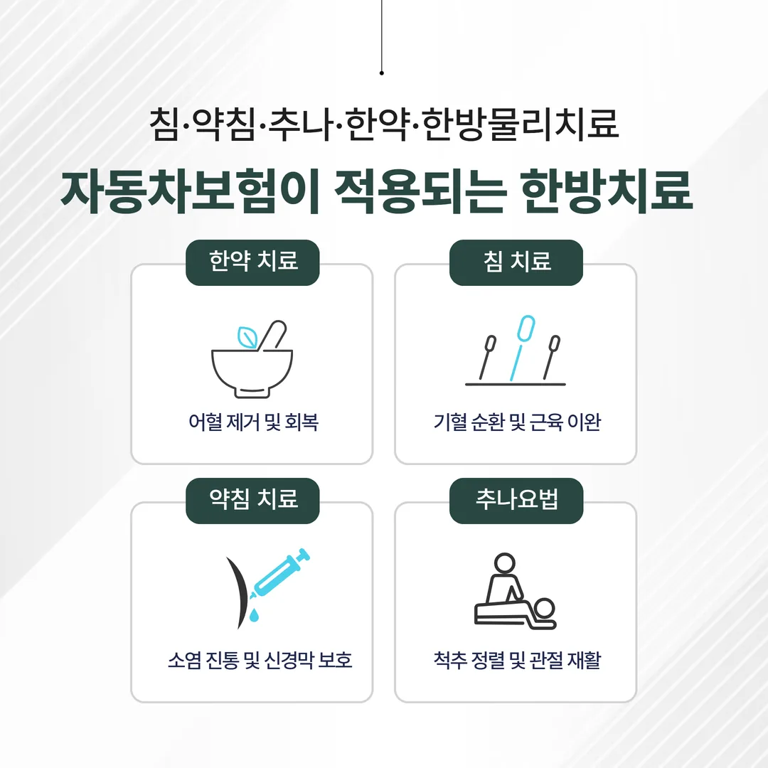 자동차보험 적용 은평구 한방치료 항목 침 약침 추나 한약 물리치료