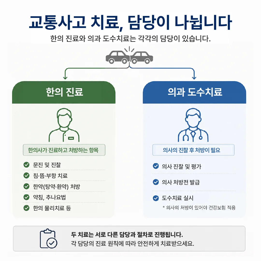 교통사고 환자의 한의 진료와 의사 처방 도수치료 담당 구분 안내