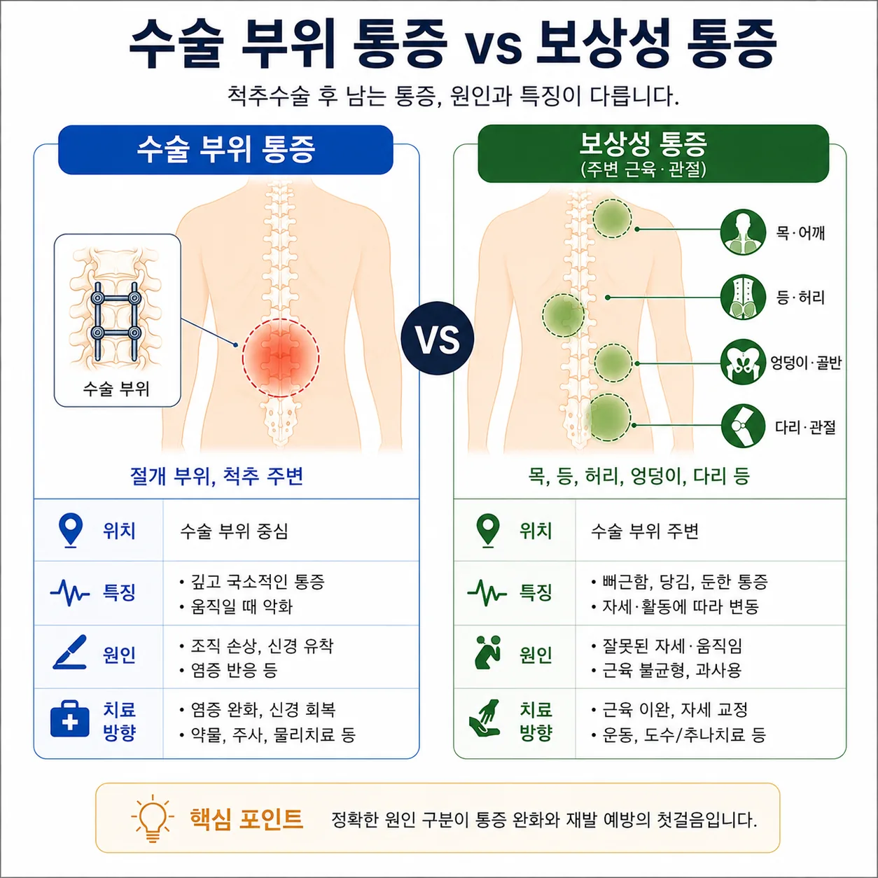 척추수술 후 남는 통증에서 수술 부위 통증과 보상성 통증의 구분