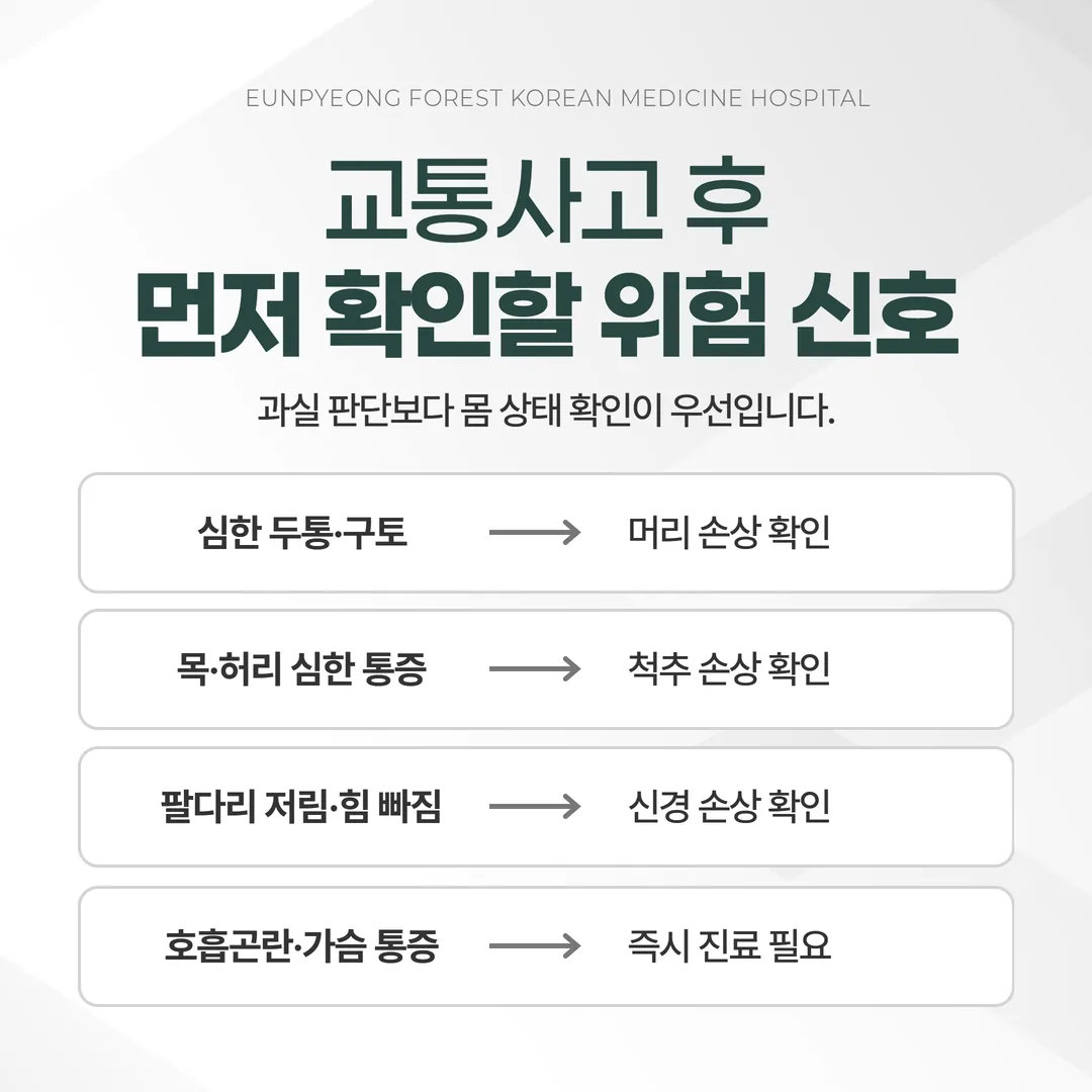 교통사고 후 과실과 무관하게 먼저 진료가 필요한 위험 신호 안내도
