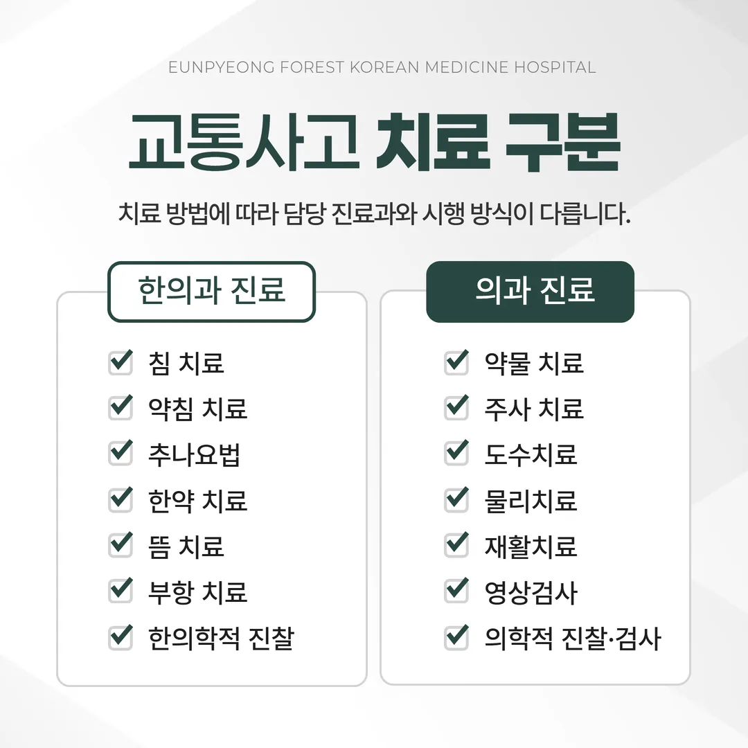 교통사고 한방치료와 도수치료의 담당 진료과 구분 도식