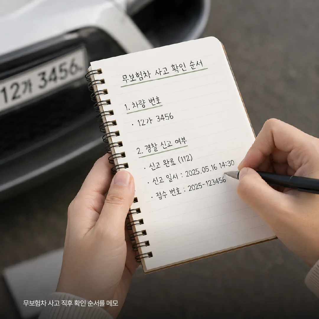 무보험차 사고 직후 확인 순서를 메모하는 모습