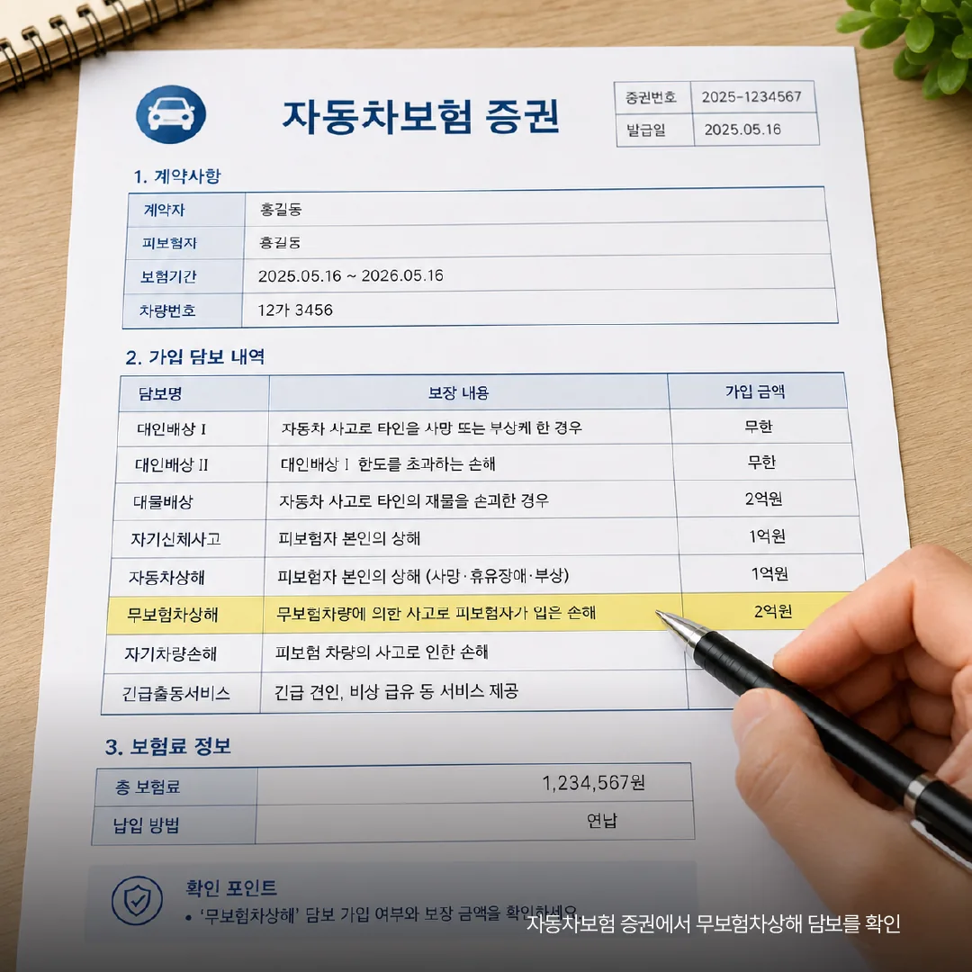 자동차보험 증권에서 무보험차상해 담보를 확인하는 모습