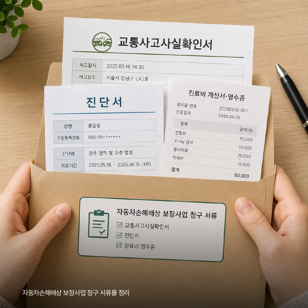 자동차손해배상 보장사업 청구 서류를 정리한 모습