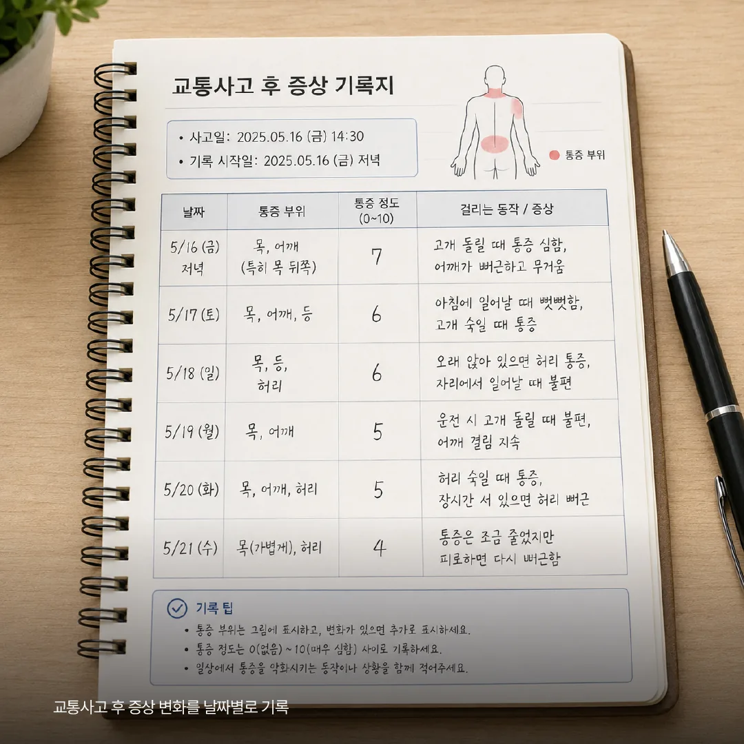 교통사고 후 증상 변화를 날짜별로 기록한 모습