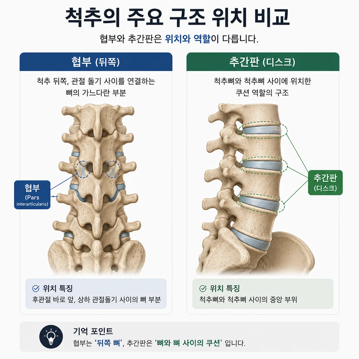 척추 뒤쪽 협부와 추간판의 위치를 비교한 그림