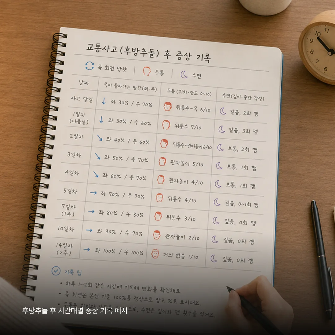 후방추돌 후 시간대별 증상 기록 예시