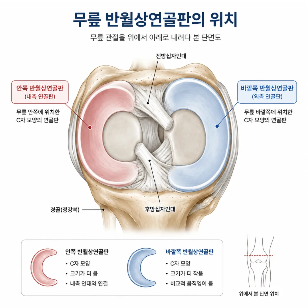 무릎 안쪽과 바깥쪽에 자리한 반월상연골판 위치를 보여주는 무릎 관절 단면 그림