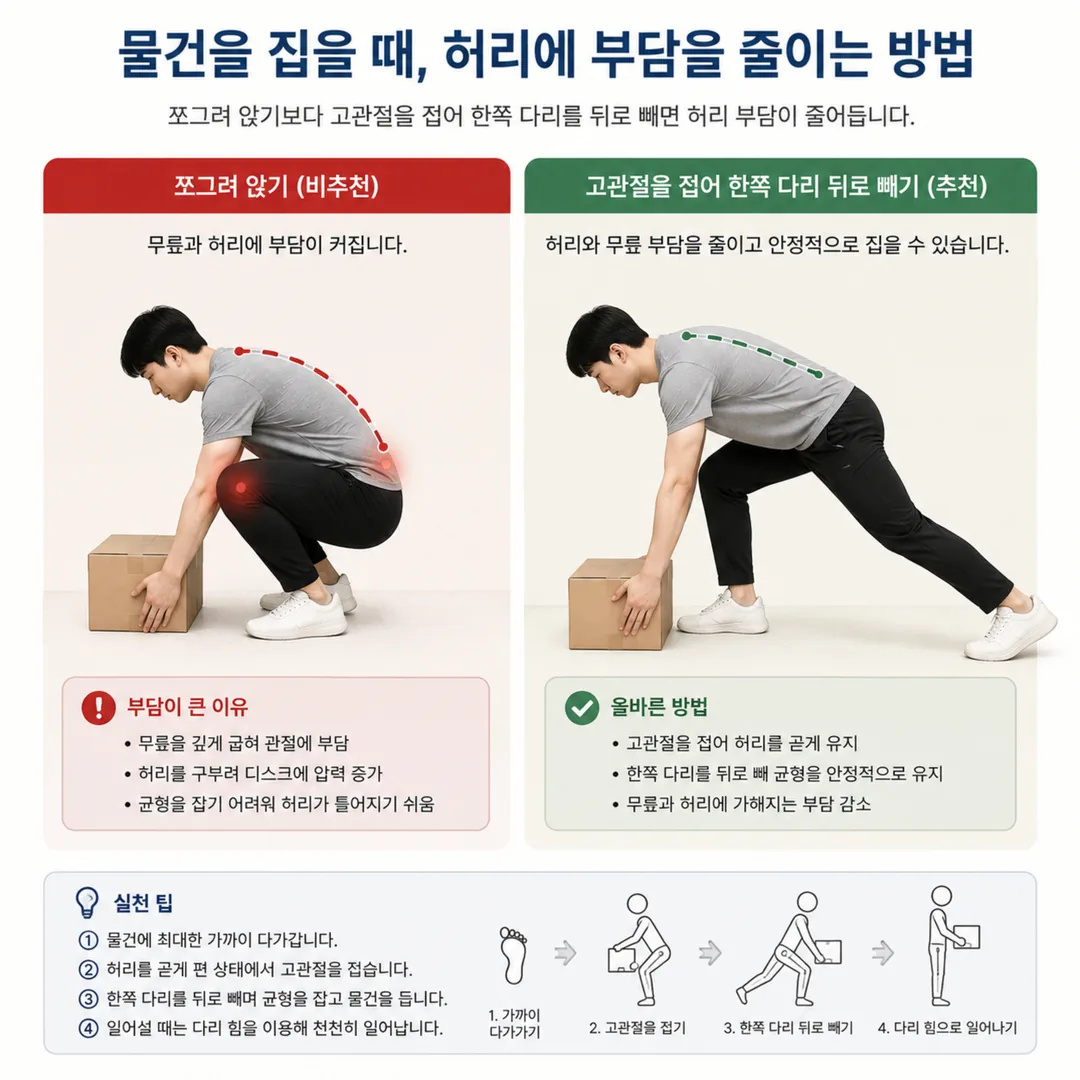 쪼그려 앉기와 고관절을 접어 물건을 집는 동작을 비교한 그림