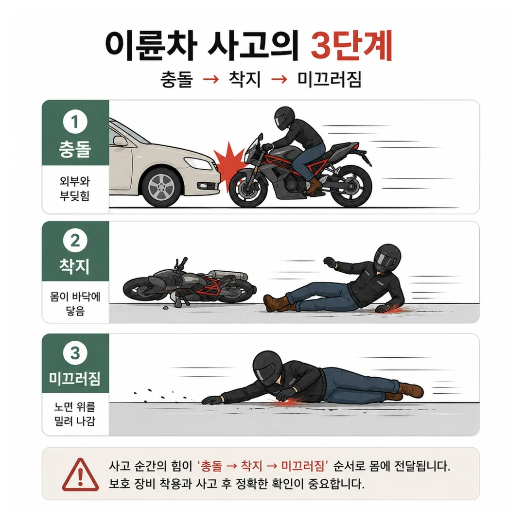 오토바이 사고에서 충돌·착지·미끄러짐이 이어지는 손상 기전