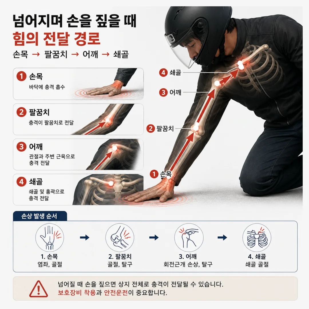 넘어지며 손을 짚었을 때 손목 어깨 쇄골로 이어지는 손상 경로