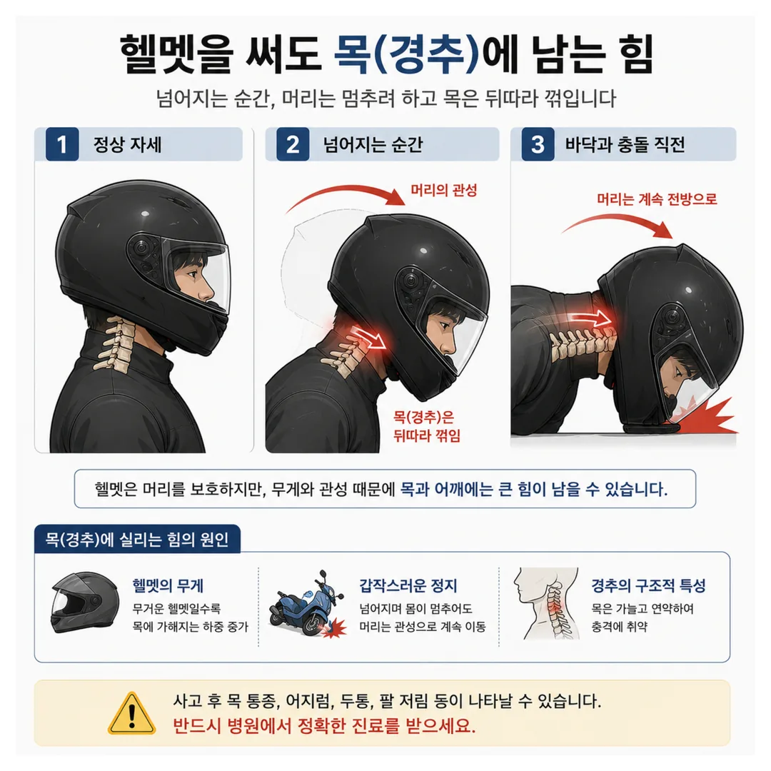 헬멧 착용 시에도 경추에 부하가 남는 이유를 보여주는 그림