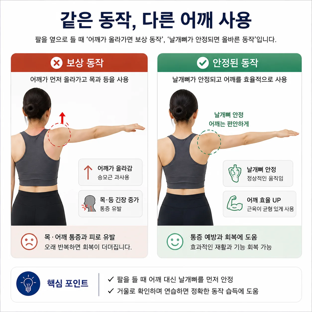 어깨 대신 목과 등을 쓰는 보상 동작과 안정된 동작 비교 그림