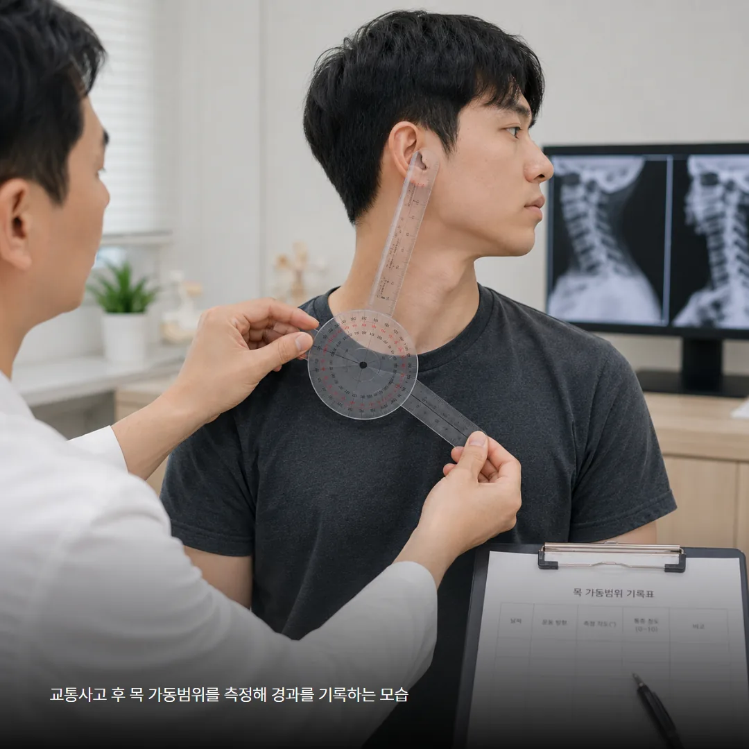 교통사고 후 목 가동범위를 측정해 경과를 기록하는 모습