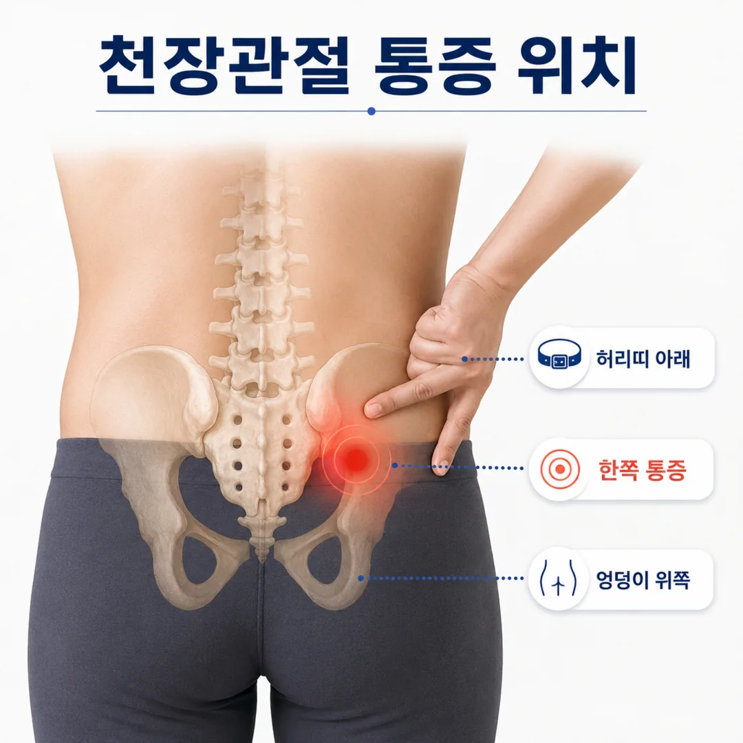 천장관절 통증이 주로 나타나는 엉덩이 위쪽 위치를 표시한 그림