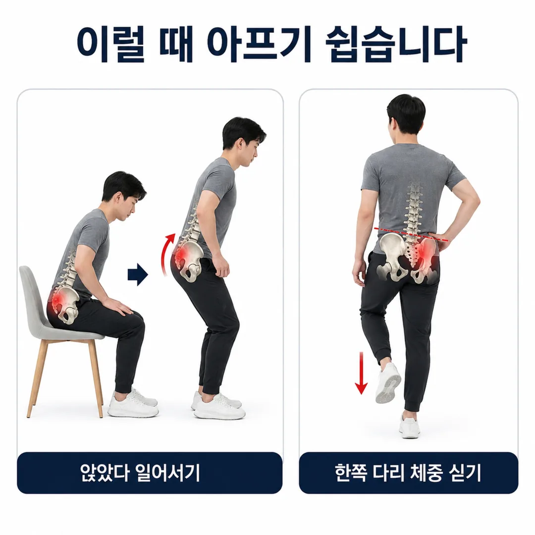 앉았다 일어설 때와 짝다리로 설 때 골반에 걸리는 부담을 비교한 그림