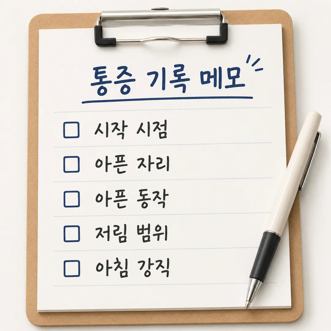 천장관절 통증 문진에서 확인하는 항목을 적은 기록 메모 예시