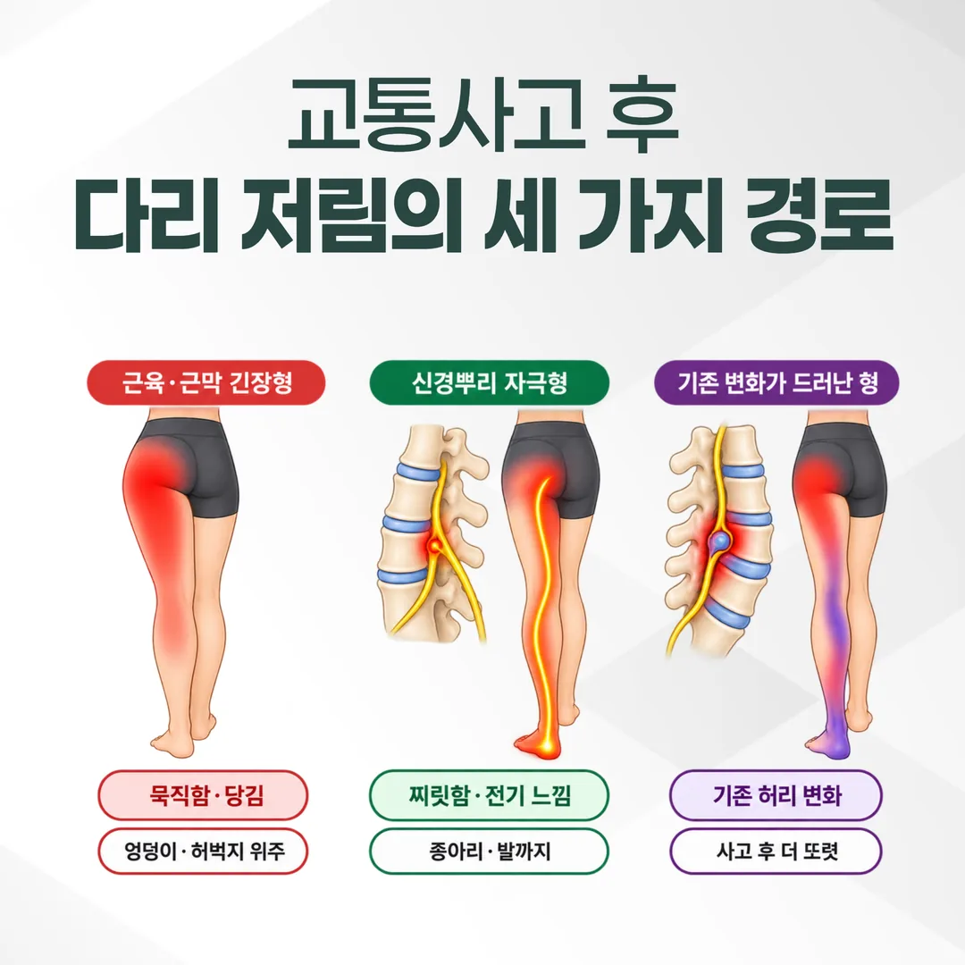 교통사고 후 다리 저림의 세 가지 경로 비교 도해