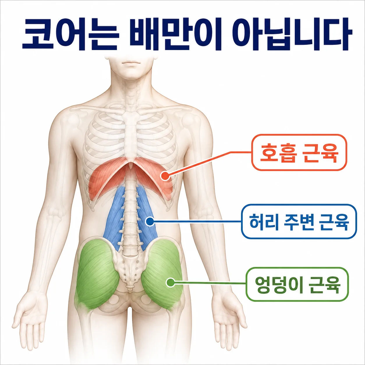 수술 후 코어를 구성하는 엉덩이·허리·호흡 근육 구조 도해