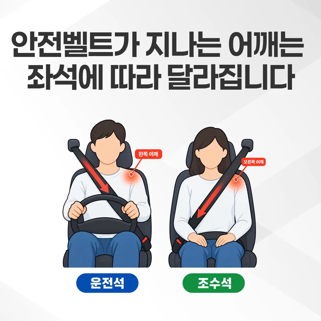 교통사고 시 안전벨트가 좌석에 따라 어느 쪽 어깨를 사선으로 구속하는지 보여주는 그림