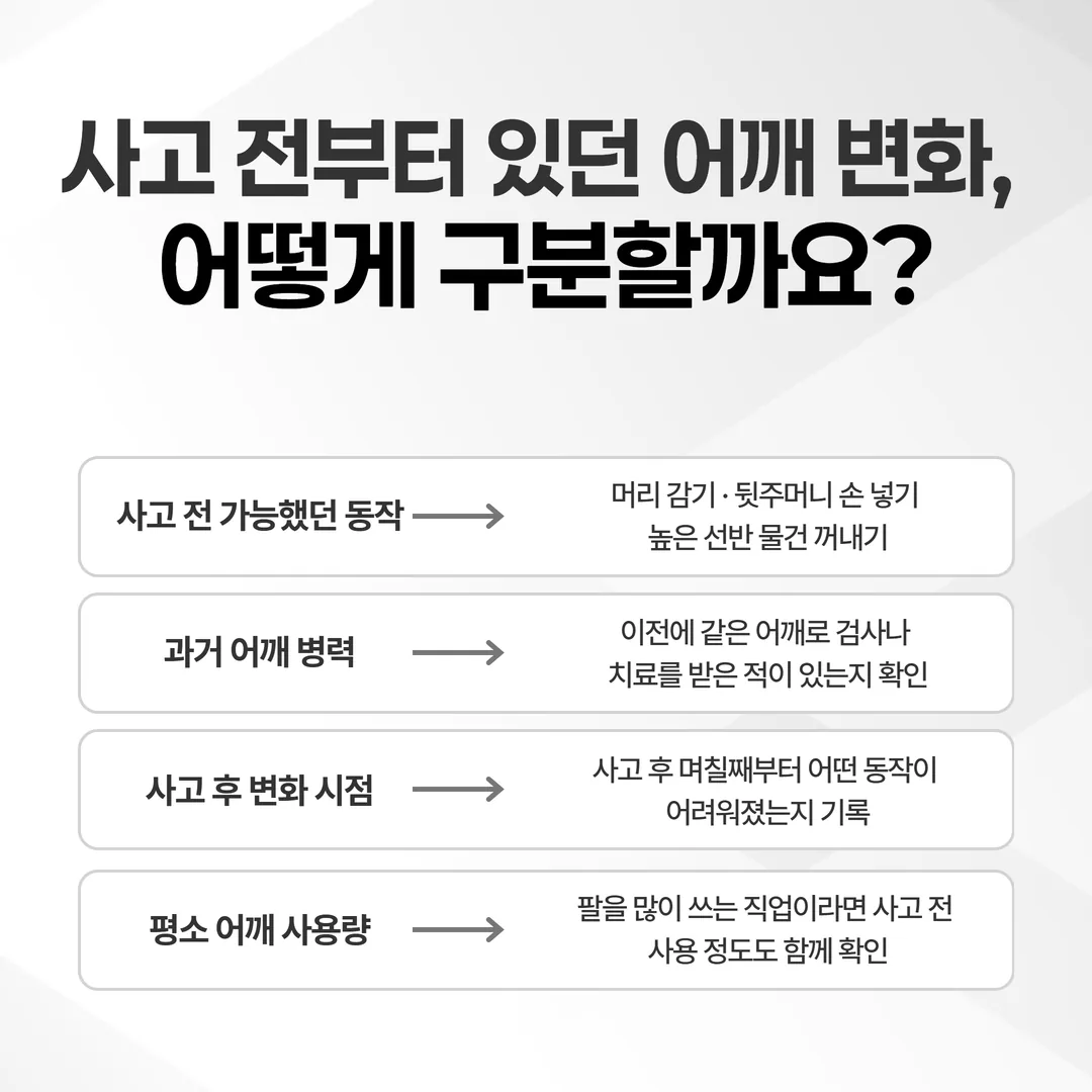 교통사고 후 어깨 상태를 날짜와 동작 단위로 기록한 자가 기록표 예시