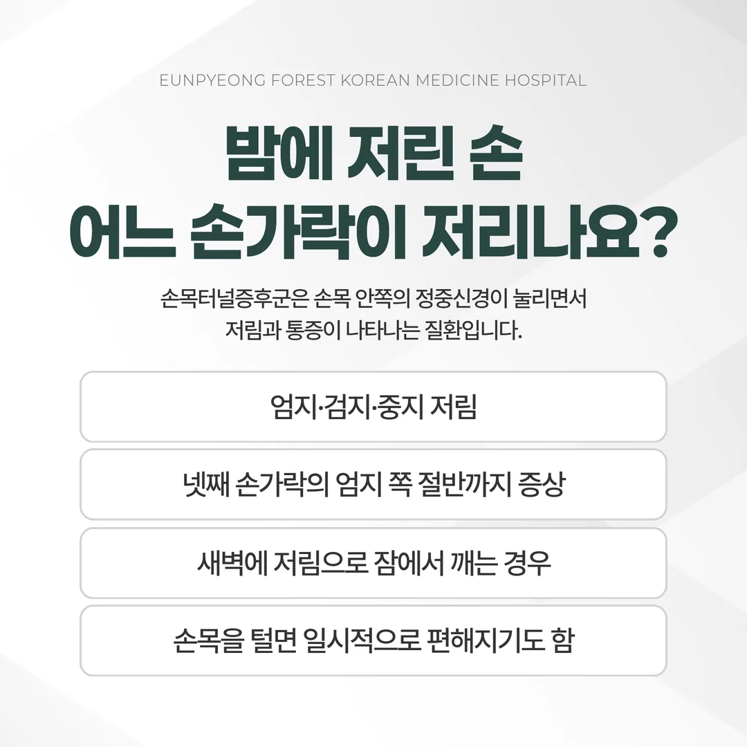 손목터널증후군에서 저림이 나타나는 엄지·검지·중지 범위를 표시한 손 그림