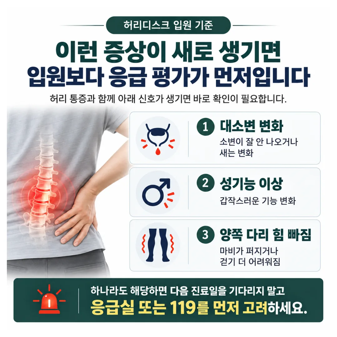 허리디스크에서 응급 평가와 입원 검토가 갈리는 기준 도식