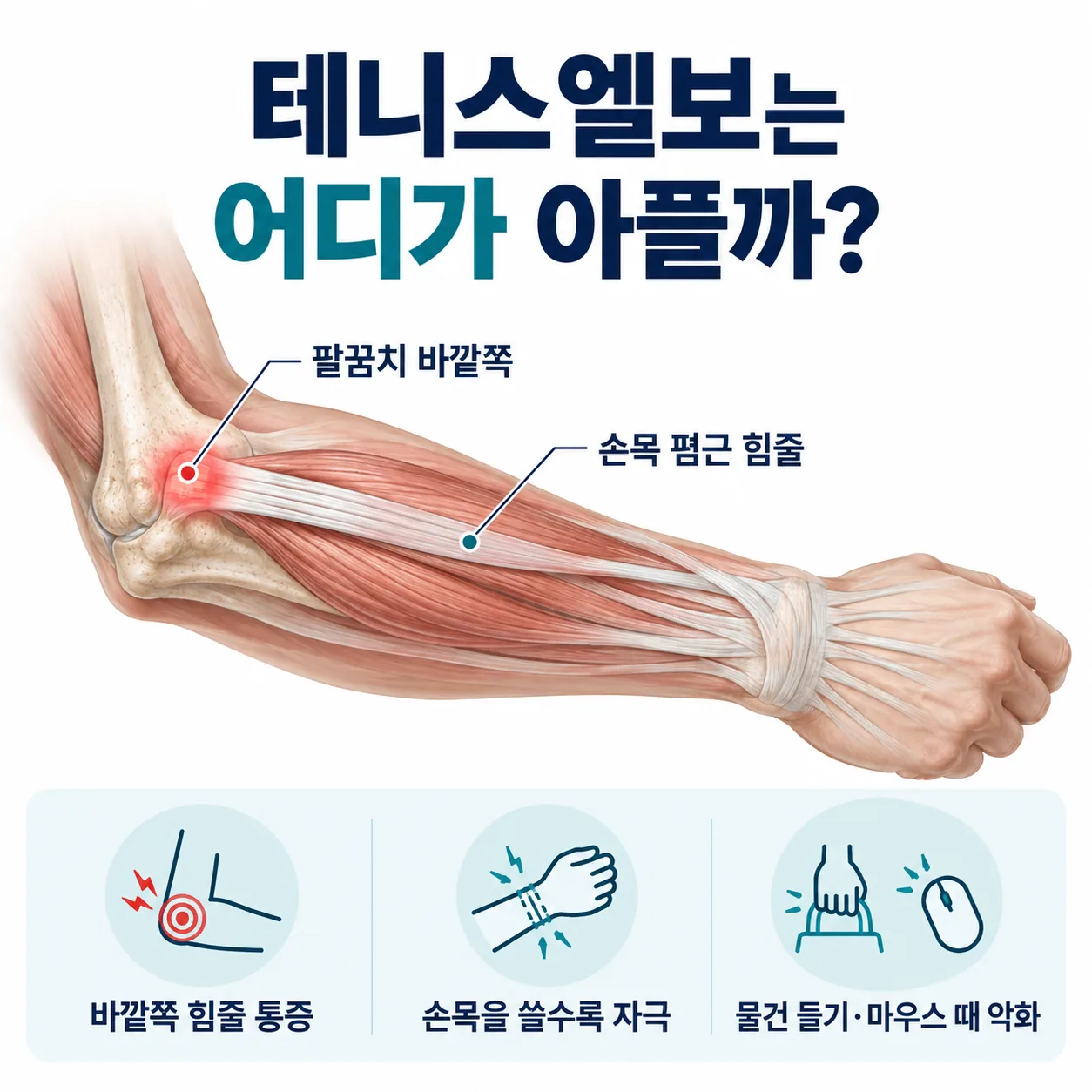 테니스엘보가 생기는 팔꿈치 바깥쪽 힘줄 부착부 도해