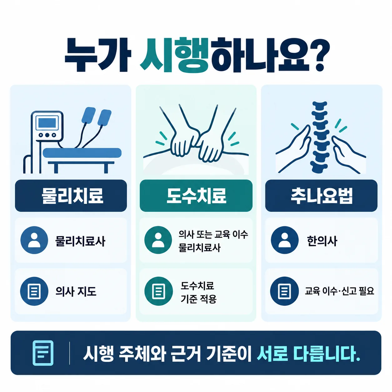 물리치료 도수치료 추나요법 시행 주체와 근거 조문 관계도