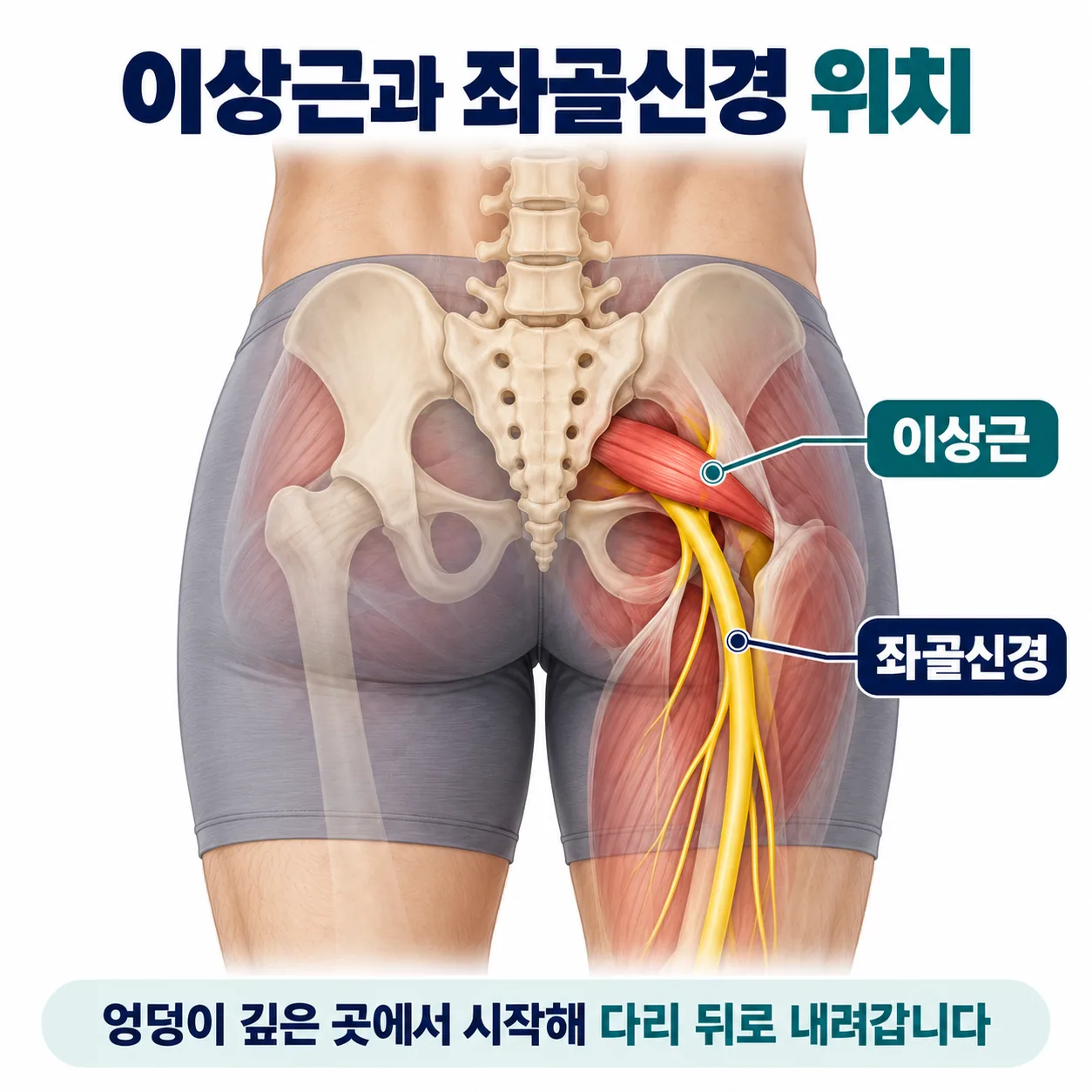 이상근증후군 이상근과 좌골신경 위치 개념도