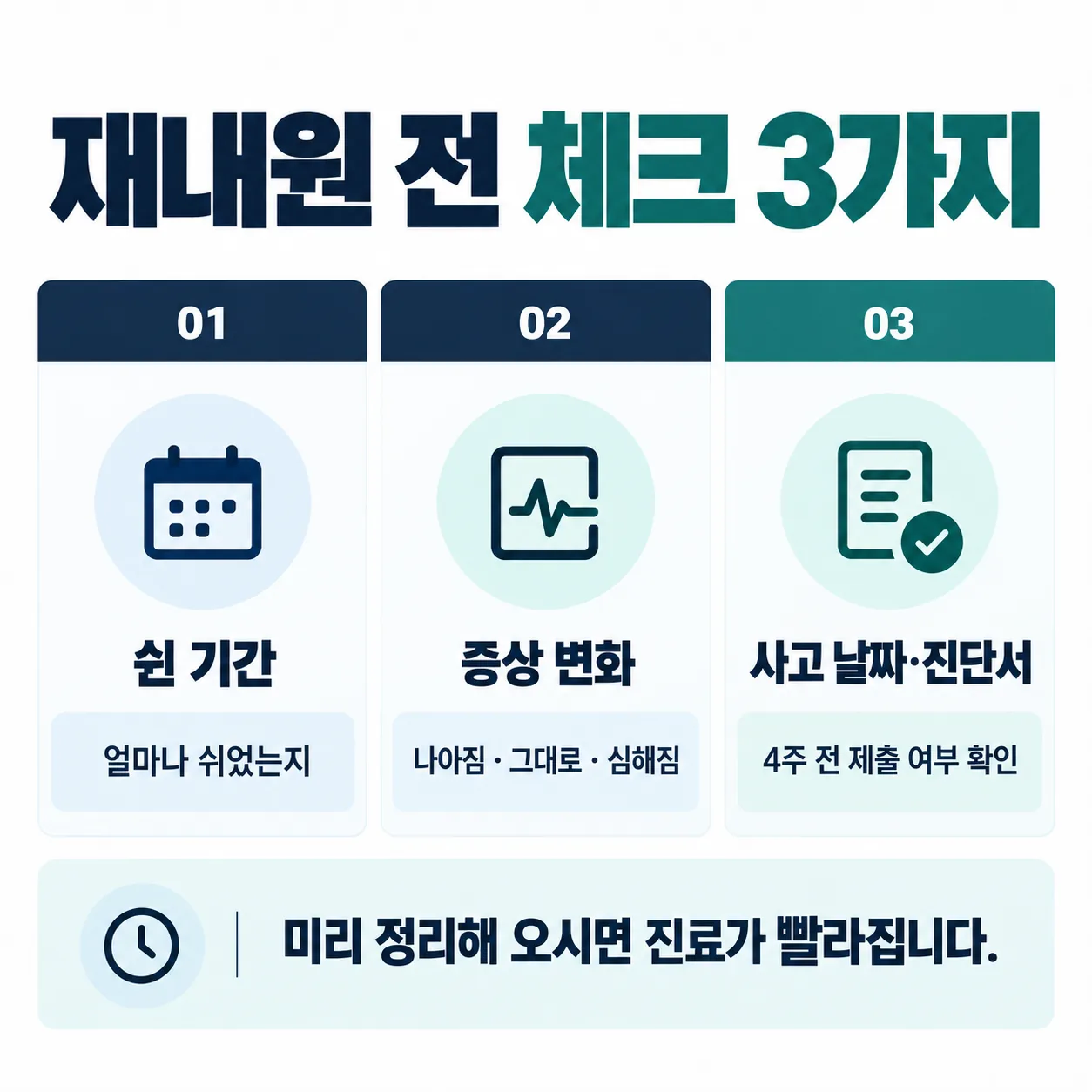 치료를 쉬었다가 다시 내원할 때 알려 주실 쉰 기간, 증상 변화, 사고 날짜와 진단서 여부 메모