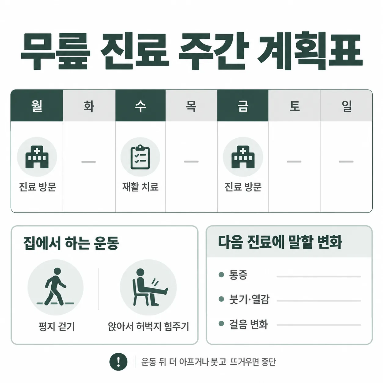 부모님 무릎 진료 내원 요일과 집 운동, 전할 변화를 적는 주간 계획표