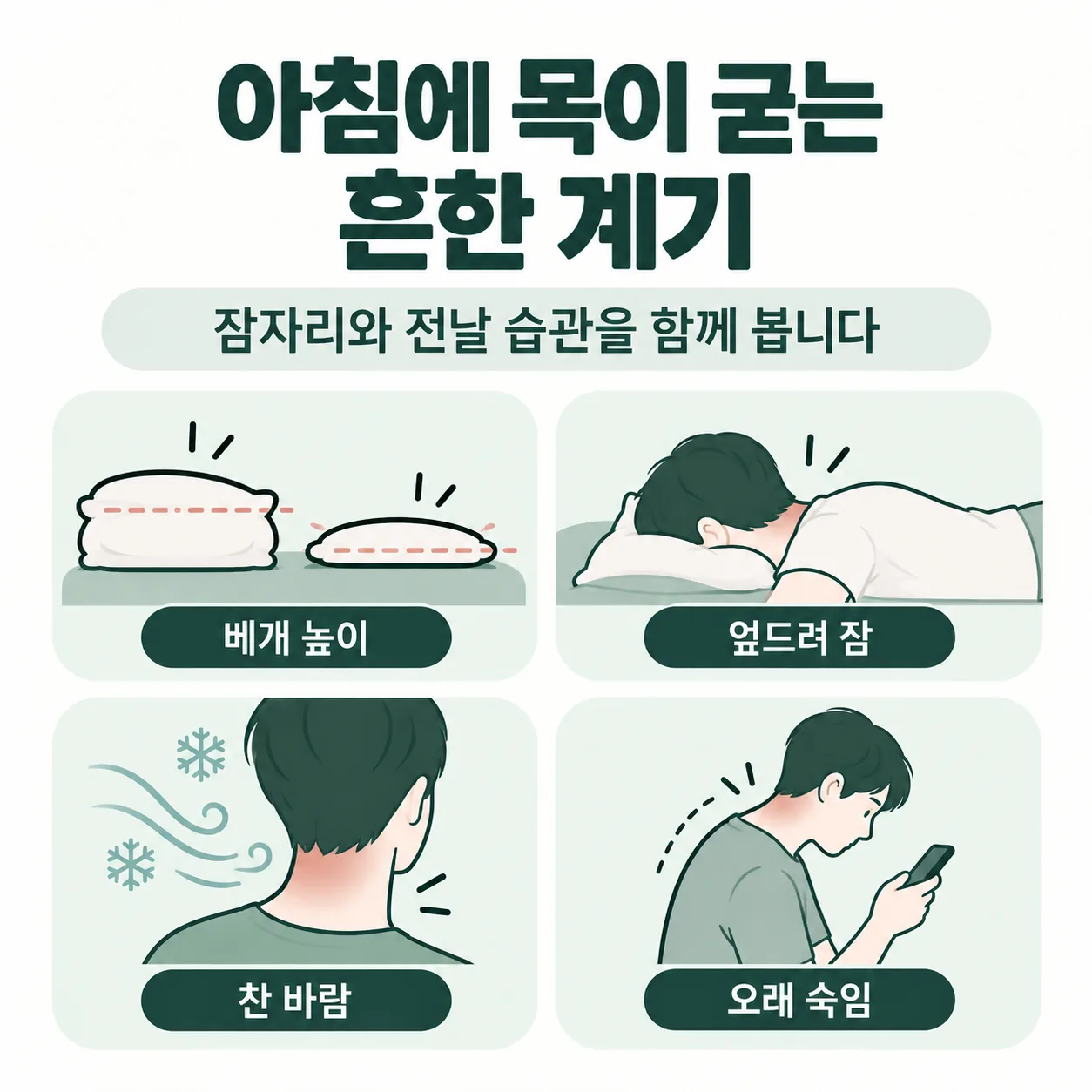 자고 일어나 목이 굳는 흔한 계기 네 가지를 정리한 아이콘 그림
