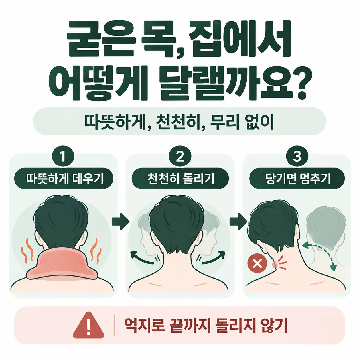 담 걸린 목을 집에서 따뜻하게 데우고 천천히 움직이는 순서 안내 그림