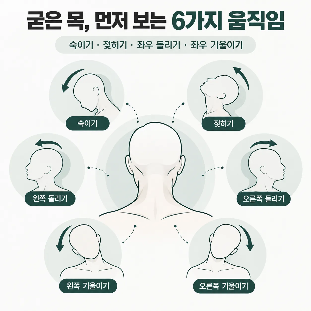 목을 숙이고 젖히고 돌리고 기울이는 여섯 방향 움직임 도식