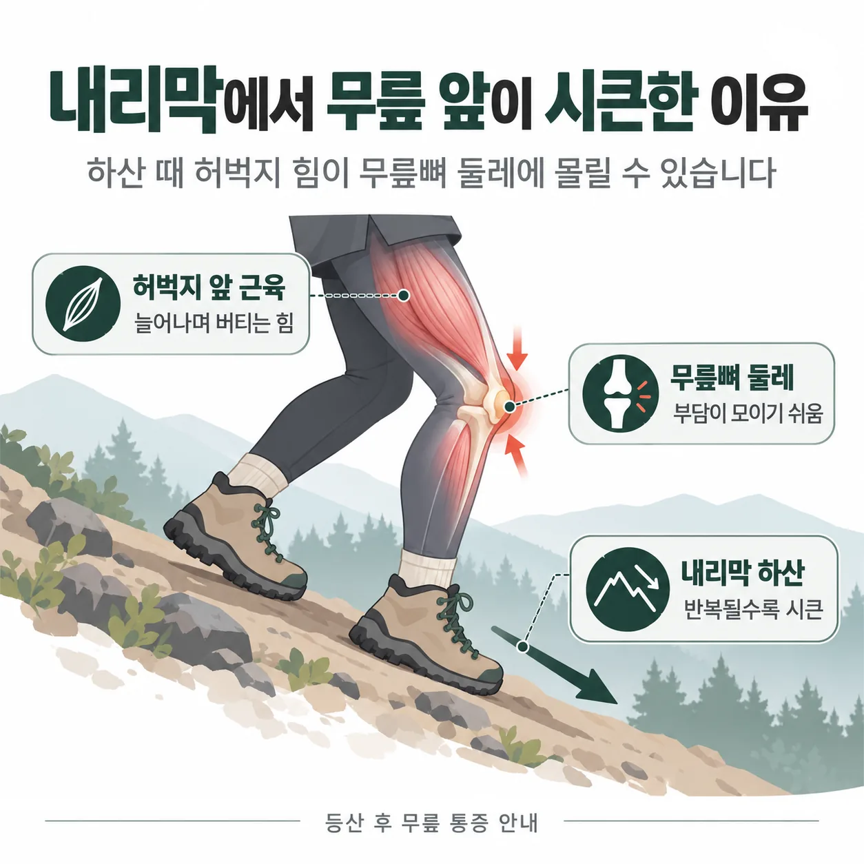 내리막 하산 때 허벅지 앞 근육과 무릎뼈 둘레에 부담이 모이는 다리 옆면 개념도