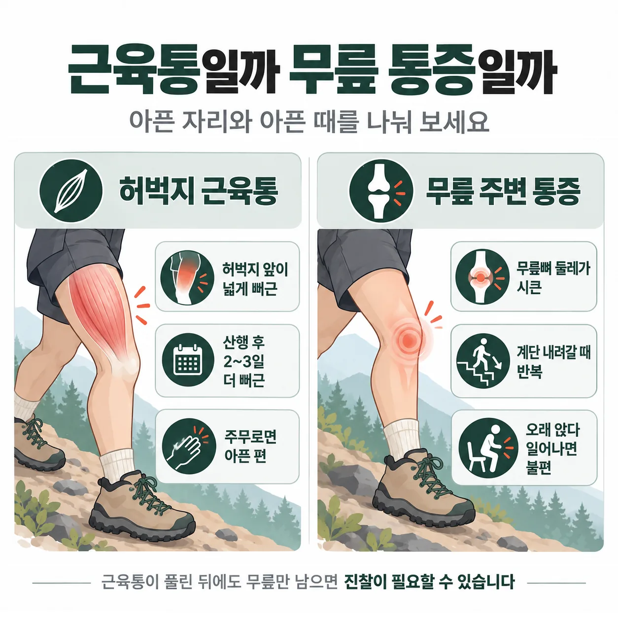 등산 다음 날 허벅지 근육통과 무릎뼈 둘레 통증의 위치와 아픈 때 비교 그림표